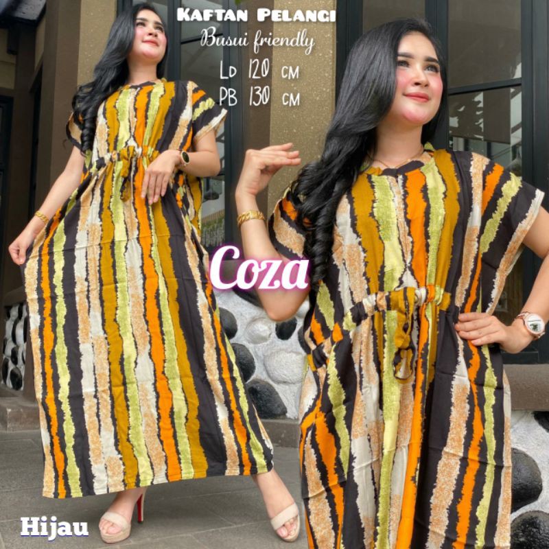 Daster Kaftan Serut Depan  Jumbo Motif Salur Pelangi Cozahijab