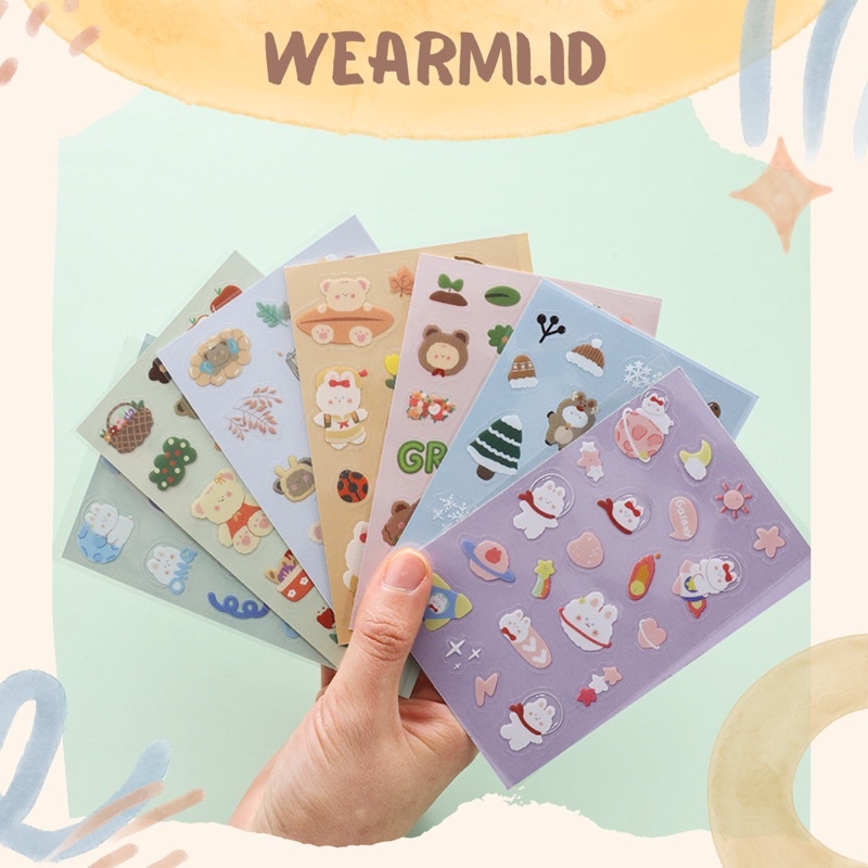 

￼1 Lembar Sticker PET Lucu Kartun Kelinci Beruang Permen stiker PET Diary Scrapbook Dekorasi Kreatif DIY Jurnal Wearmi