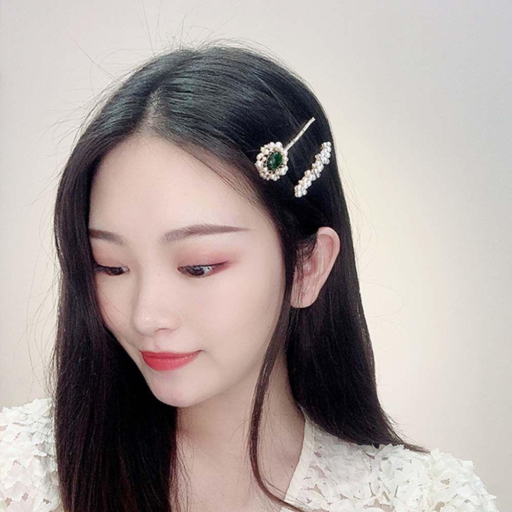 Agustina Berlian Imitasi Klip Rambut Gadis Mewah Kristal Mutiara Memperbaiki Pinggiran Jepit Hiasan Kepala Pearl Barrette Pin Berlian Imitasi Permata Hijau Gaya Korea