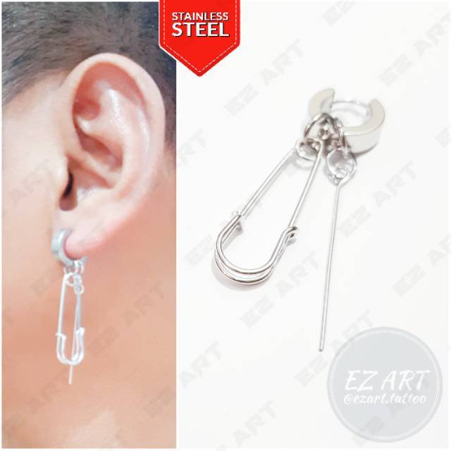 1Pc Model EZ-M Silver Anting Jepit Tusuk Variasi Bandul Gaya Punk Korea KPOP Stainless Steel