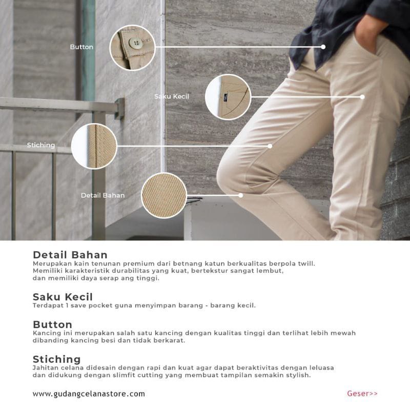 Celana Panjang Slimfit Chino/Cino/Chinos Pria/Cowok - Krem(Cream)/Abu(Grey)/Hitam(Black)