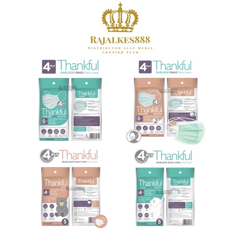 Masker THANKFUL Mask 4 ply Earloop/ Headloop Daily Masker Dewasa Anak Sachet isi 5pc