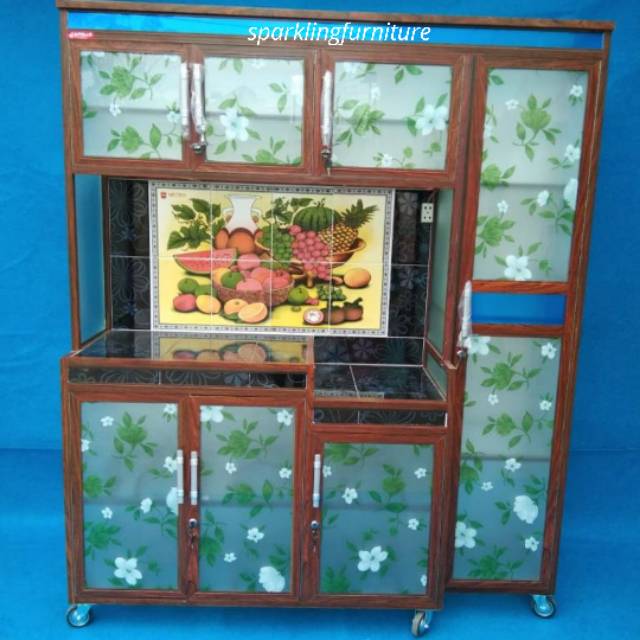 Lemari Rak Piring Kaca Aluminium 4 Pintu Jumbo Roda 333R