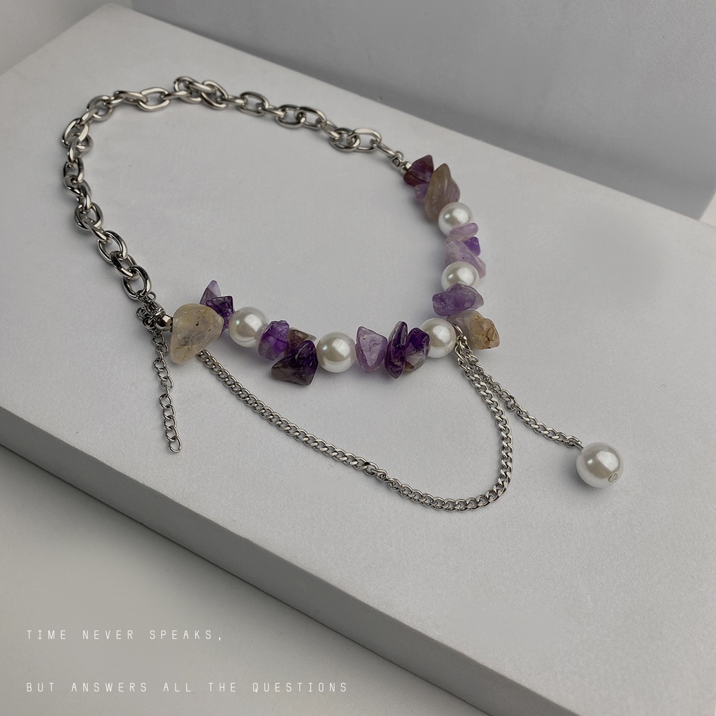 Purple Gravel Stitching Pearl Necklace Accessories Retro Personality Clavicle Chain