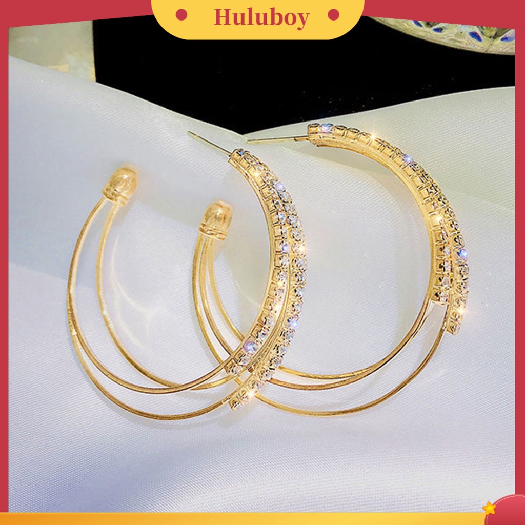 Hu Hu Hu Hu Hu Alat Bantu Pasang Kacamata♡ 1 Pasang Anting Hoop Bentuk C Tiga Lapis Aksen Berlian Imitasi Untuk Wanita