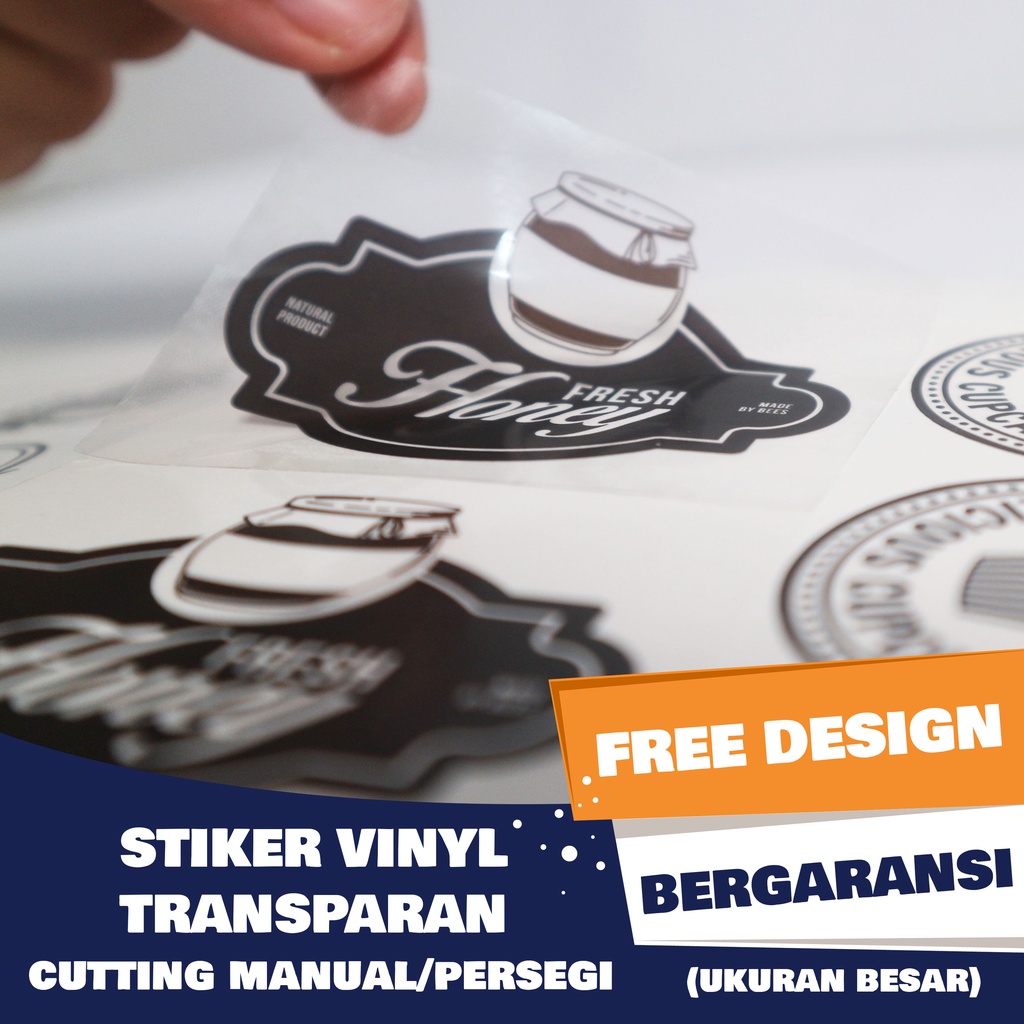 

Cetak Stiker Vinyl Transparan / Bening / Sticker Anti Air Label Logo Nama Olshop Kemasan Produk Makanan Minuman Custom - Cutting Persegi / Manual