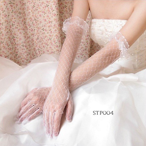 Sarung Tangan Pesta Wedding Gloves Bride Transparan Panjang Putih Stp004