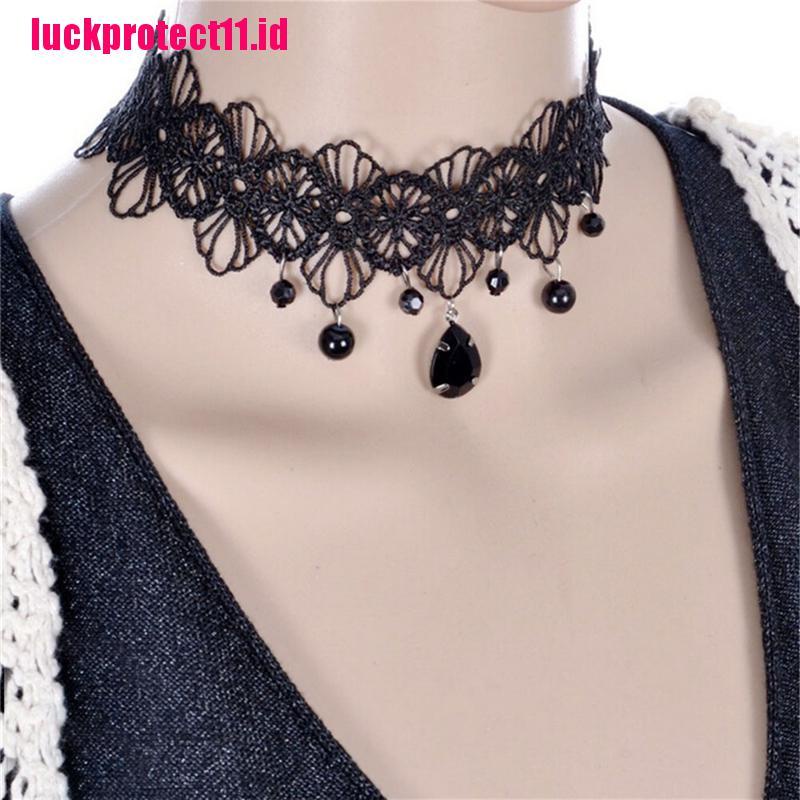 (LUCK) Kalung Choker Lace Hitam Aksen Bunga Gaya Gothic Retro Untuk Wanita