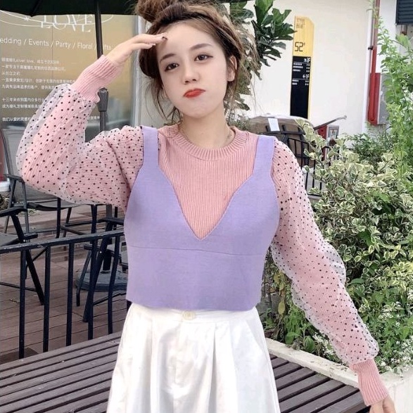 F111 Set2in1 Setelan Baju atasan blouse lengan panjang set Rompi vest rajut knit Korean style wanita