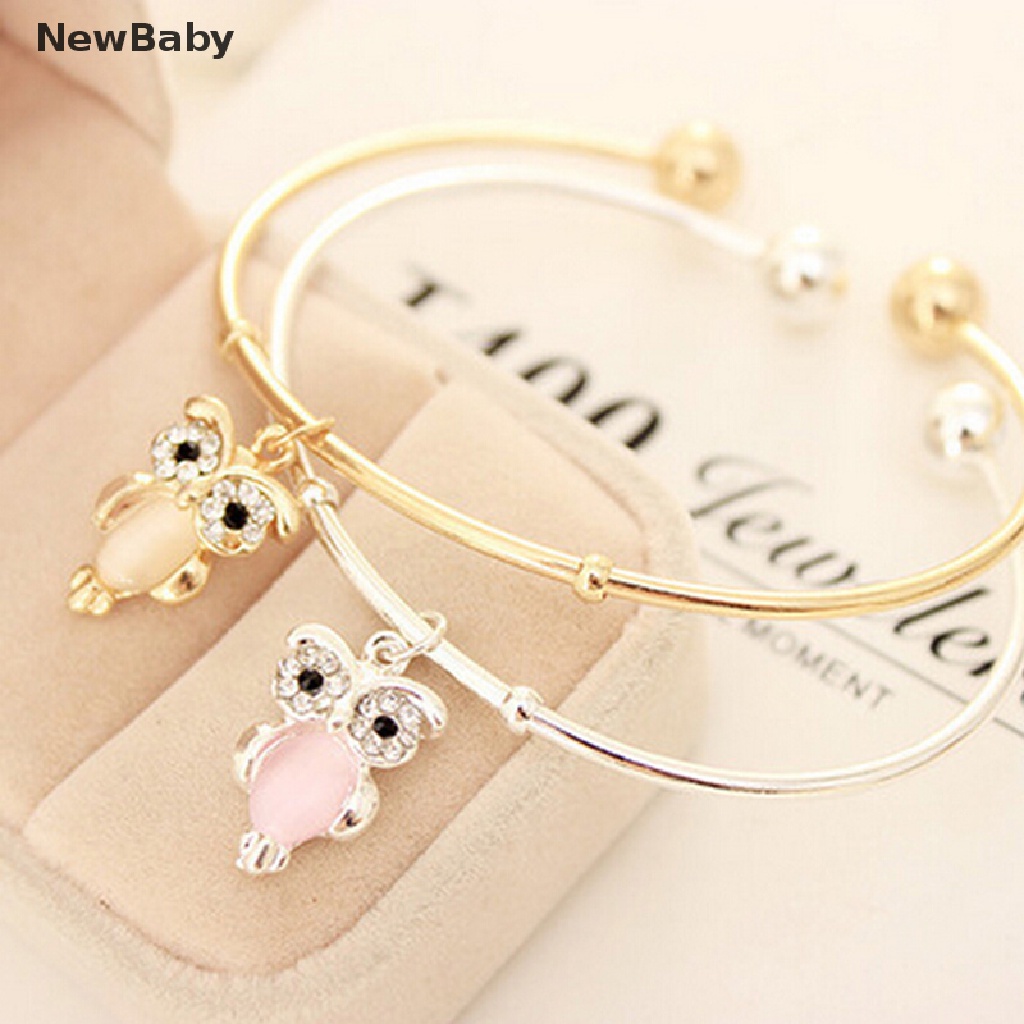 Newbaby Gelang Bangle Cuff Desain Burung Hantu Hias Berlian Imitasi Warna Silver / Gold Untuk Wanita