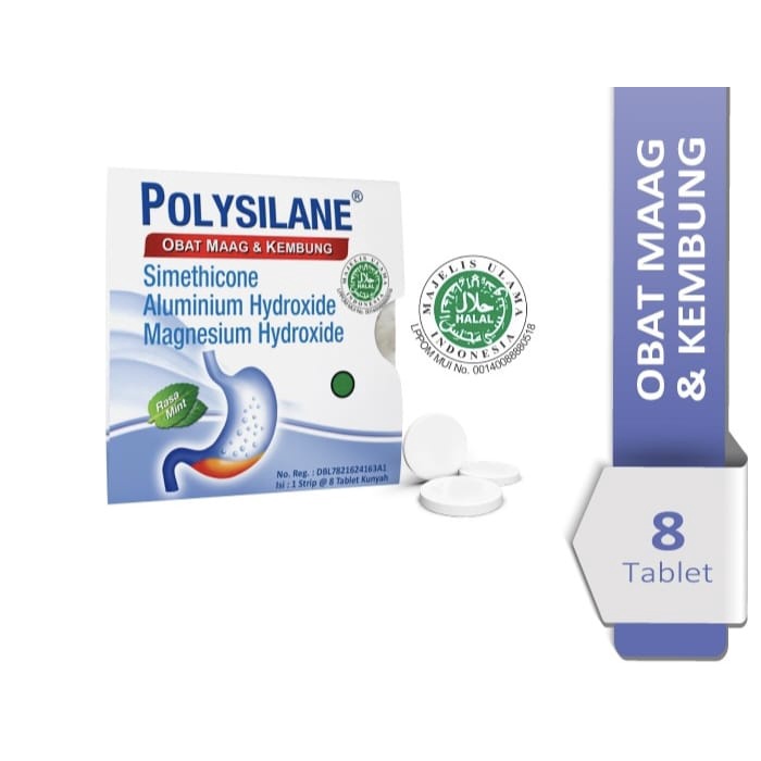 Polysilane Tablet Kunyah @Strip isi 8 Tablet Kunyah / Obat maag / Obat Kembung /