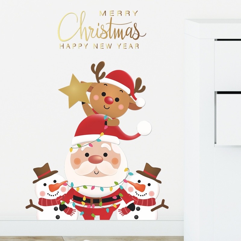 Stiker Dinding Desain Kartun Snowman Santa Claus Bahan Pvc Statis Dapat Dilepas Untuk Pesta Natal