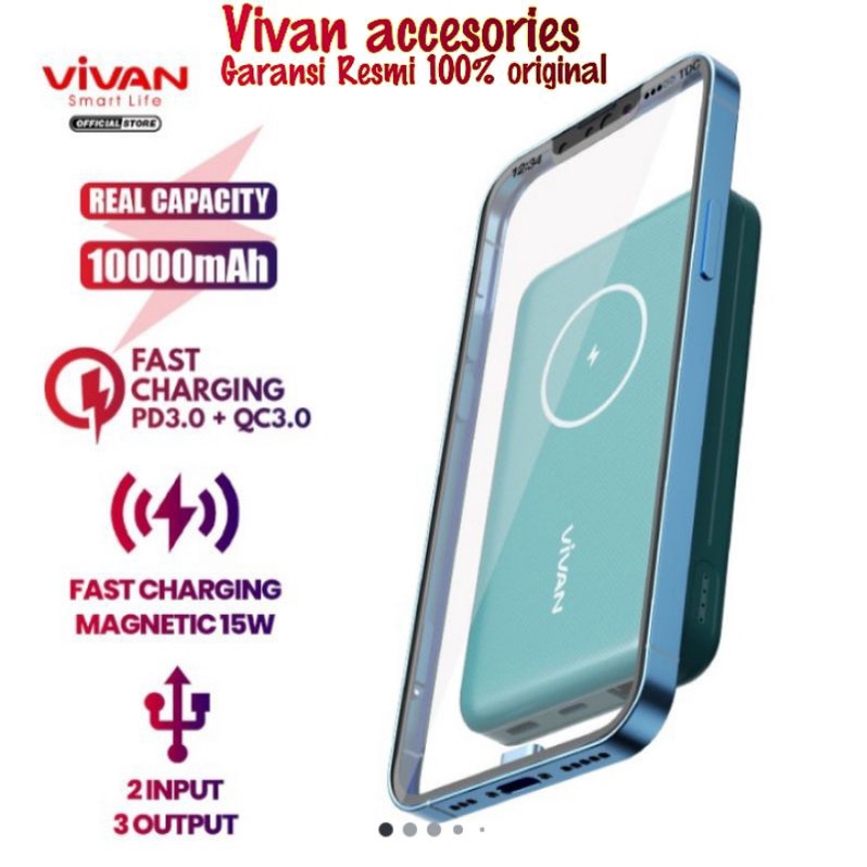 VIVAN VPB-W12 Powerbank 10000MAH. Magnetic Wireless 3 Output Fast Charging 20W-Green