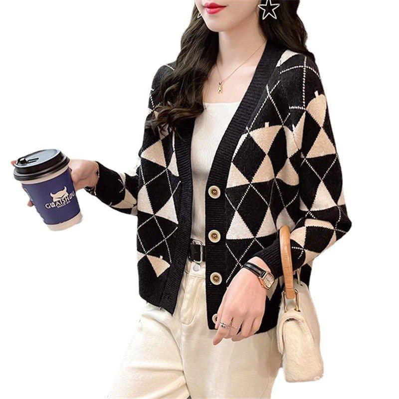 Mantel Sweter Wanita Musim Gugur Dan Musim Dingin Baru Pakaian Luar Longgar Mode Pencocokan Warna Ga