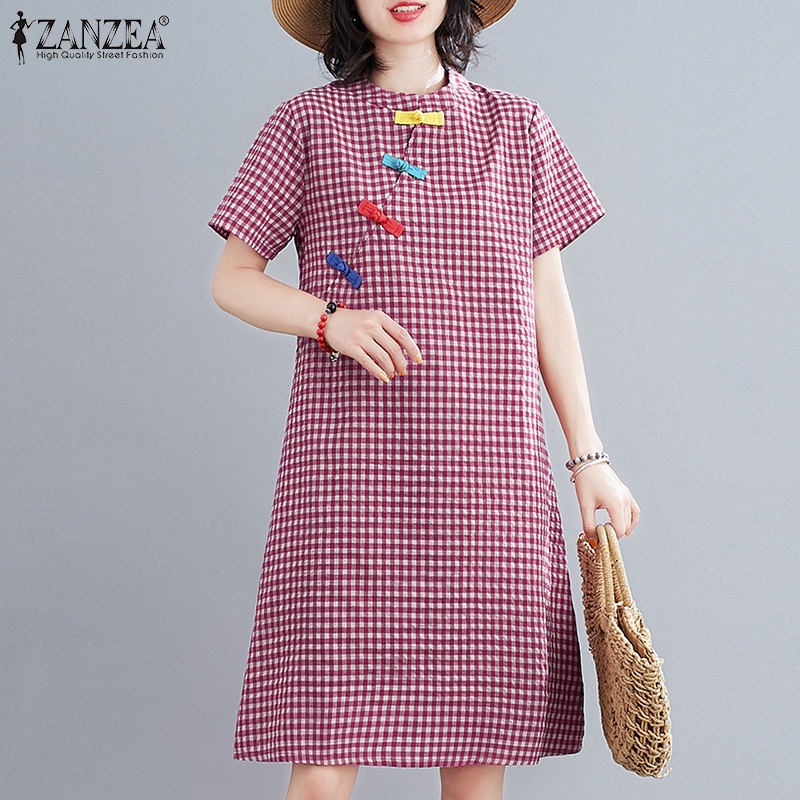 ZANZEA Womens Elegant Dress Short Sleeve Slim Buttons Baggy Plaid Printing Retro Kaftan Dress