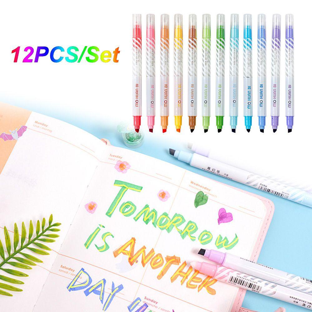 Preva 12PCS/Set Penanda Neon Kantor Perlengkapan Sekolah Alat Gambar Kepala Ganda Ajaib