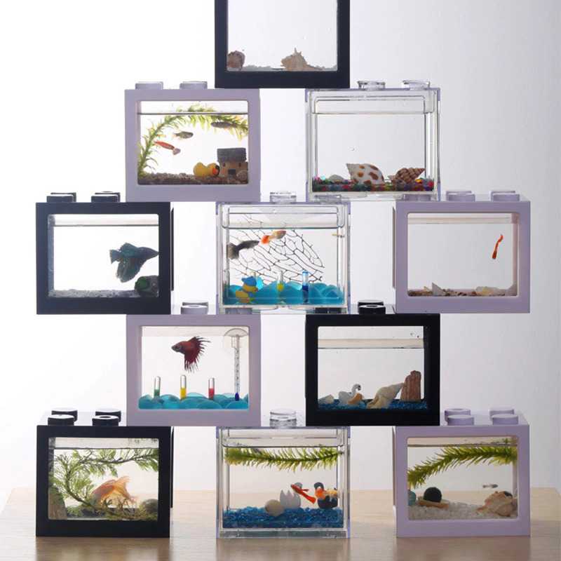 TOPINCN Aquarium Mini Lego Block 8x8x11cm - TOP3-Windows-4 Side-USB Light-No