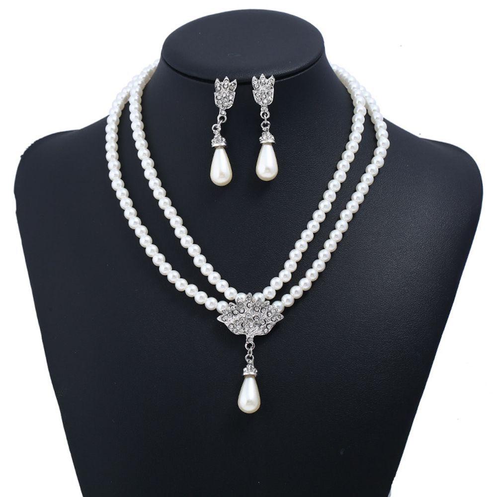 Set Kalung Choker Hias Liontin Mutiara Kristal Untuk Aksesoris Gaun Pengantin