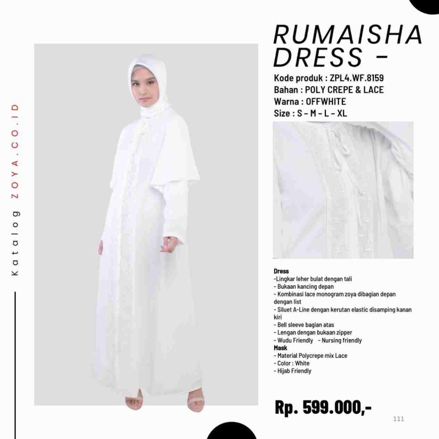 GAMIS WANITA ZOYA RUMAISHA DRESS PUTIH + MASKER