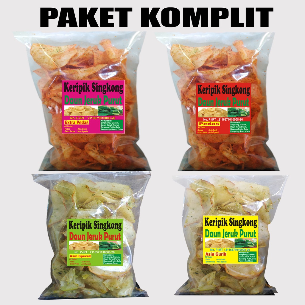 

Paket Komplit Pedas + Extra Pedas + Asin Gurih + Asin Special Keripik Singkong Jeruk Purut Snack Banjarmasin