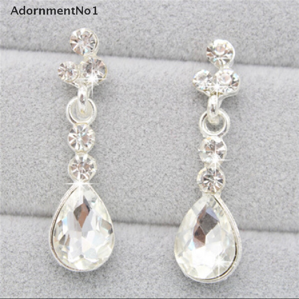 (AdornmentNo1) Set Kalung + Anting Tusuk Silver Aksen Kristal + Berlian Imitasi Untuk Perhiasan Wanita / Pernikahan