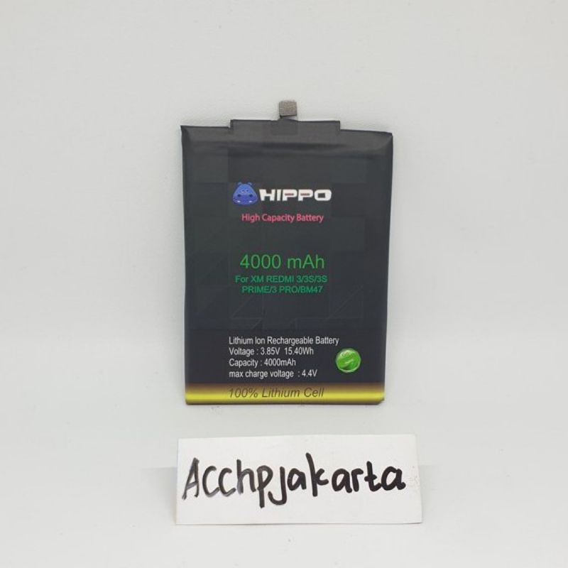 Hippo Baterai Batre Xiaomi Redmi 3 3S 3X 3 Pro 3 Prime 4X BM 47 BM47 Origina Battery Garansi Resmi