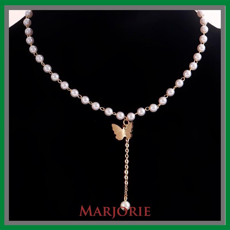 Retro Butterfly Pearl Kalung Lembut Gadis Kecil Cinta Liontin Kalung Rantai Klavikula-MJD