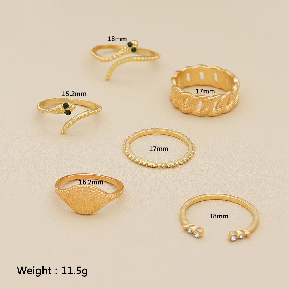 6pcs / set Cincin Model Terbuka Desain Rantai Ular Asimetris Gaya Eropa Amerika Untuk Wanita