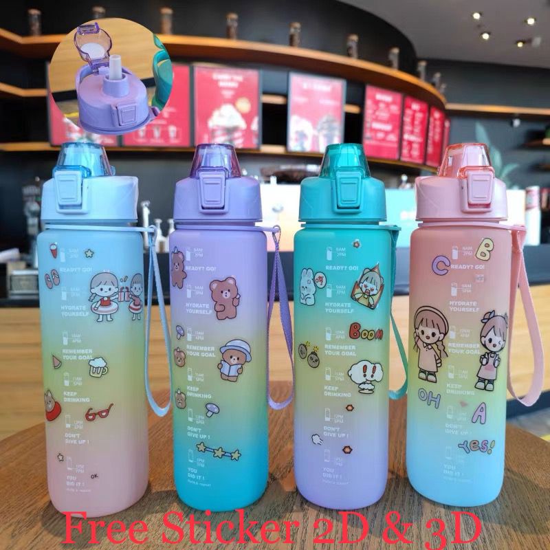 BOTOL MINUM 1 LITER BOTOL MINUM RAINBOW KOREA VIRAL BOTOL MINUM MOTIVASI FREE STICKER 2D DAN 3D