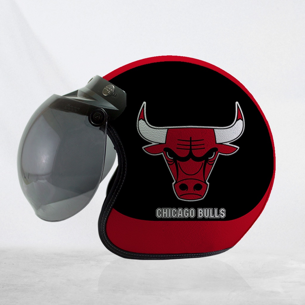 Helm bogo Retro Kulit Motif Chicago Bulls Kaca Bubble halfface