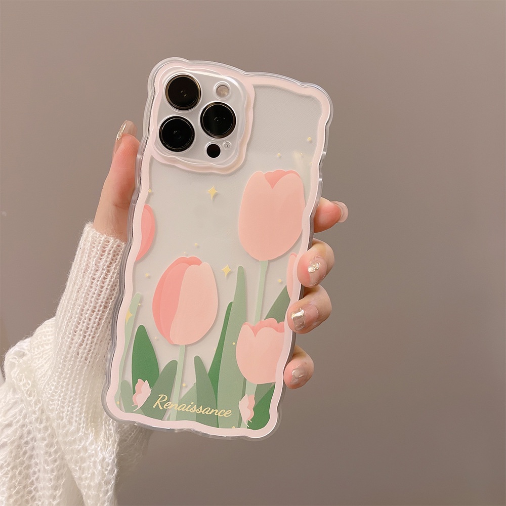 IPHONE Pink Tulip Bunga Bentuk Gelombang Transparan Manis Casing Pelindung Ponsel Cover Untuk Iphone7 8 PLUS X XR XS 11 12 13 14 MINI PRO MAX SE 2020