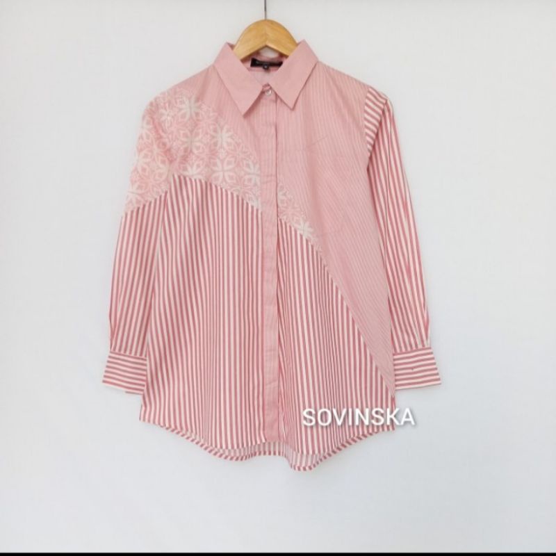 Atasan Batik Kombinasi Wp 222 pink blus blouse baju kerja wanita lengan panjang original sovinska XL