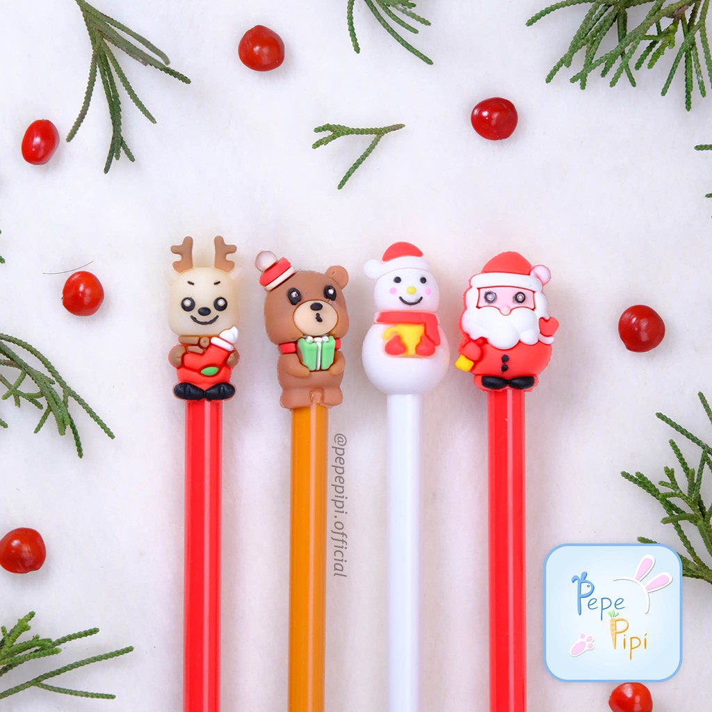 4 &amp; 12 Pena Natal Bear Santa Rusa Snowman Christmas Xmas Pulpen Pen Bolpen Karakter Lucu