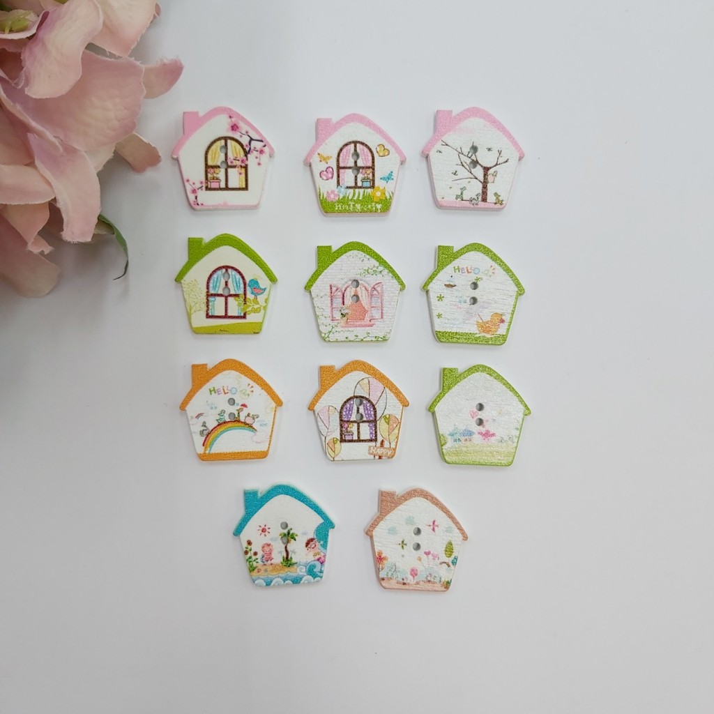 1 LUSIN - KANCING KAYU MOTIF RUMAH | KANCING SCRAPBOOK