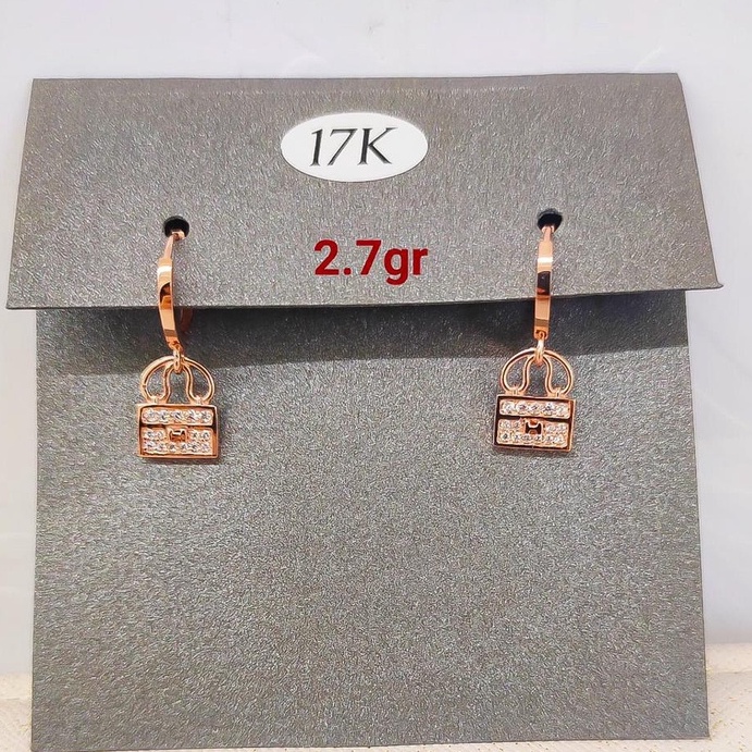 Anting kerabu anak dan dewasa emas asli kadar 750 75% 17k bulat gantung model tas permata bag diamond terbaru korea