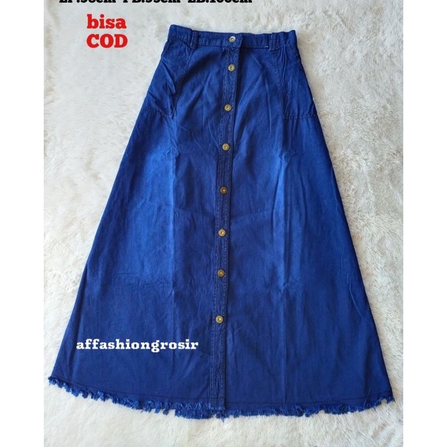 Rok jeans panjang rempel kancing dewasa/rok jeans wanita/rok jeans polos premium terlaris-Birutua rawis