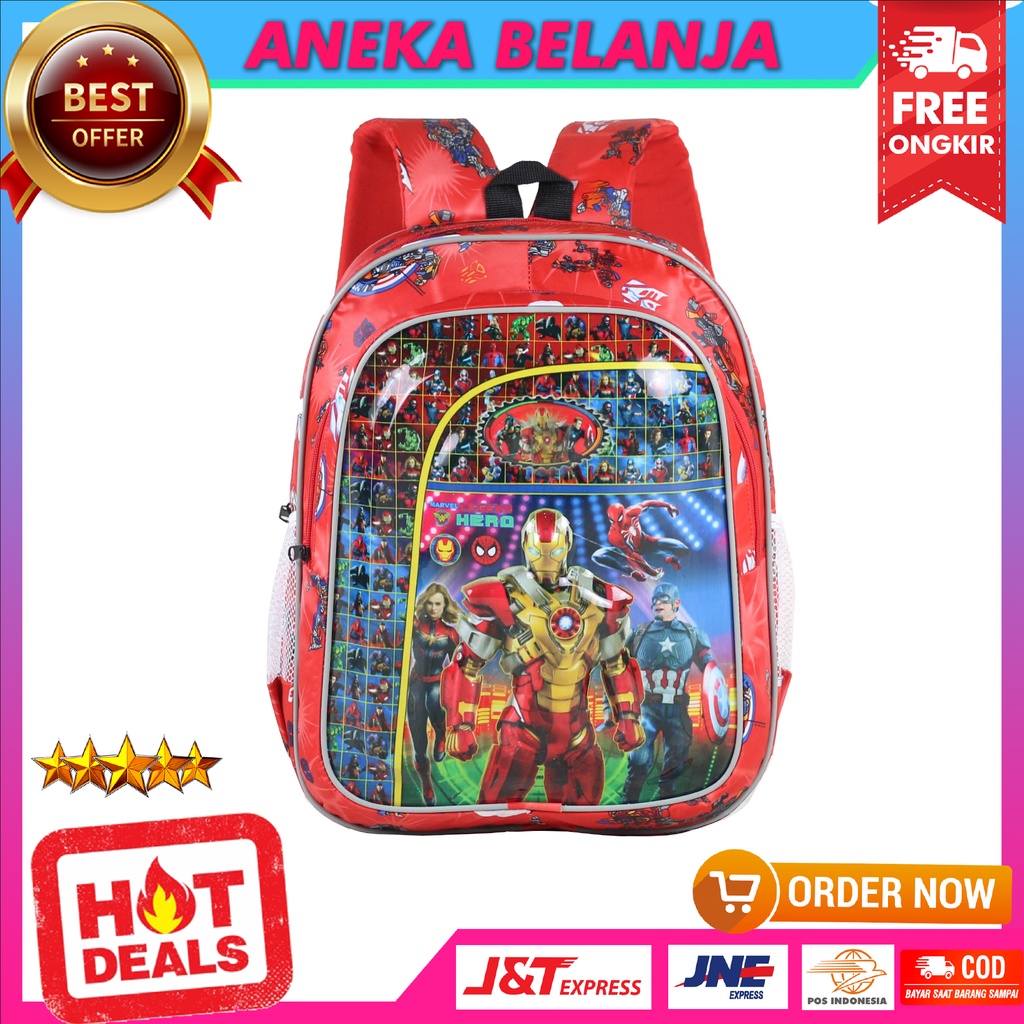 Tas Anak Lampu Motif Karakter Averangers Warna Merah Ransel Sekolah Model Trendy Kekinian Multifungsi