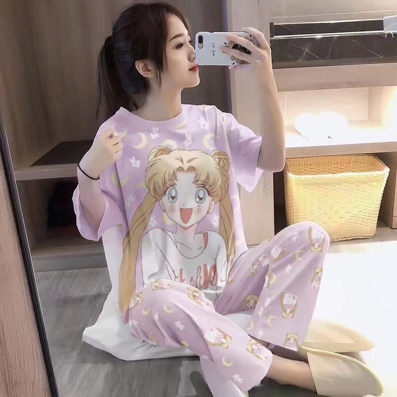 Piyama Oversize Bahan Kaos Lengan Pendek Baju Tidur Wanita pakaian tidur wanita kaos set baju tidur wanita piyama-Violet Sailormoon