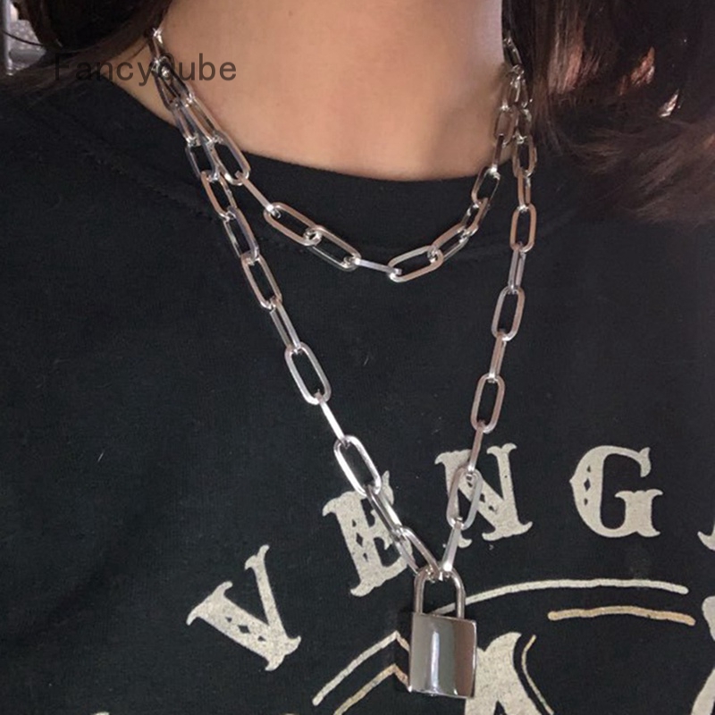 Double Layer Lock Chain Necklace Punk Chain Pendant Necklace