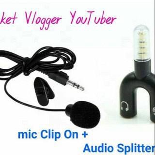 PAKET Microphone Clip On + Audio Splitte, mix dan berkualitas. Cocok untuk video blogger, youtube