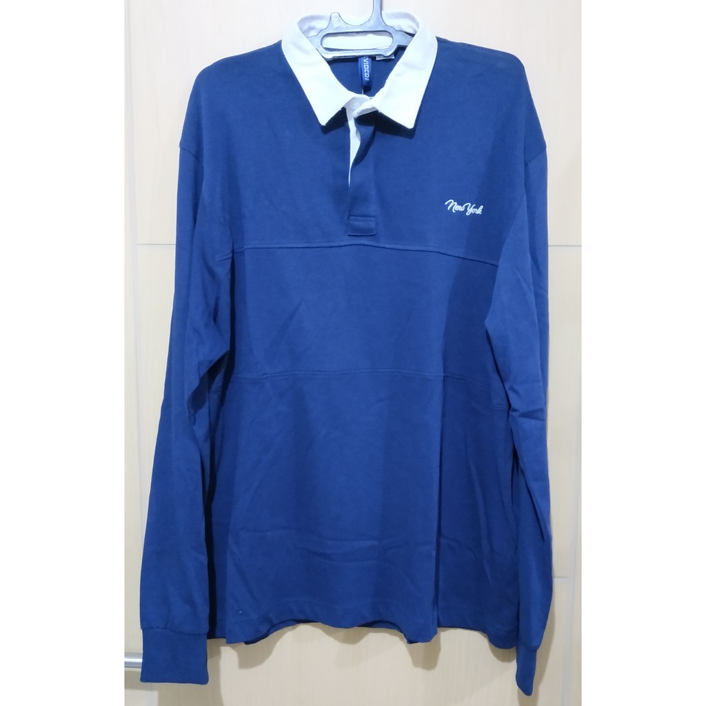 Kaos Polo Shirt Pria Lengan Panjang H&M Original Navy Size M