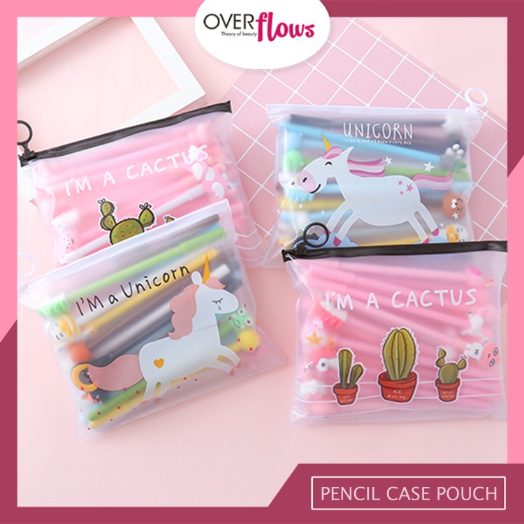 OVERFLOWS.ID ZIPPER POUCH CACTUS UNICORN TEMPAT PENSIL TRANSPARANT FLAT POUCH IMPORT KAKTUS