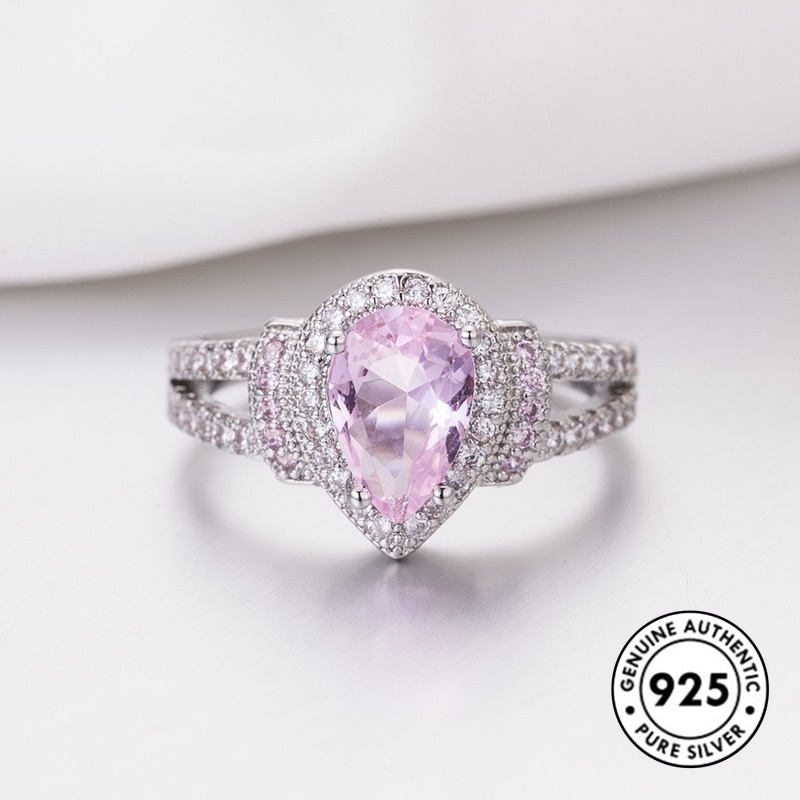 Cincin S925 Silver Bentuk Water Drop Aksen Berlian Warna Pink