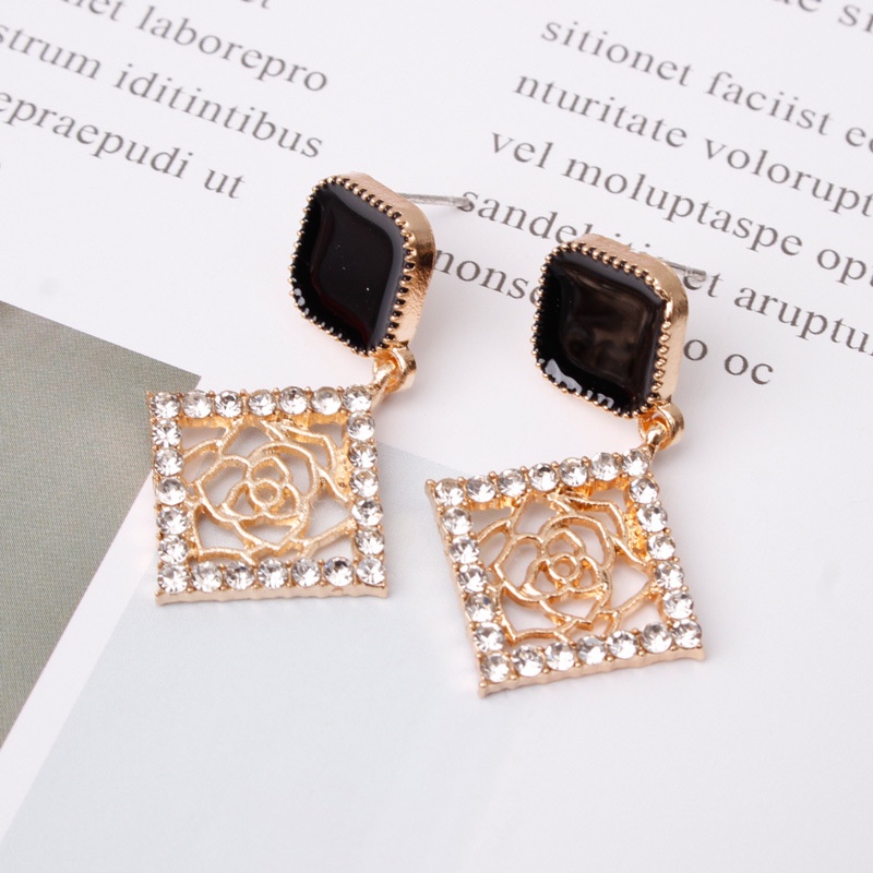 925 jarum perak square rose stud anting-anting online influencer fashion elegan cat hitam pakaian ak