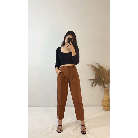 JOSHIN Celana wanita kulot polos kancing highwaist 03 - kulot pants seoul