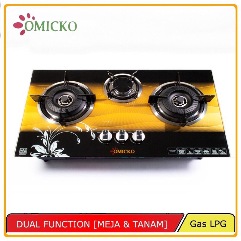 KOMPOR GAS TANAM 3 TUNGKU OMICKO TEMPERED GLASS 3 TUNGKU