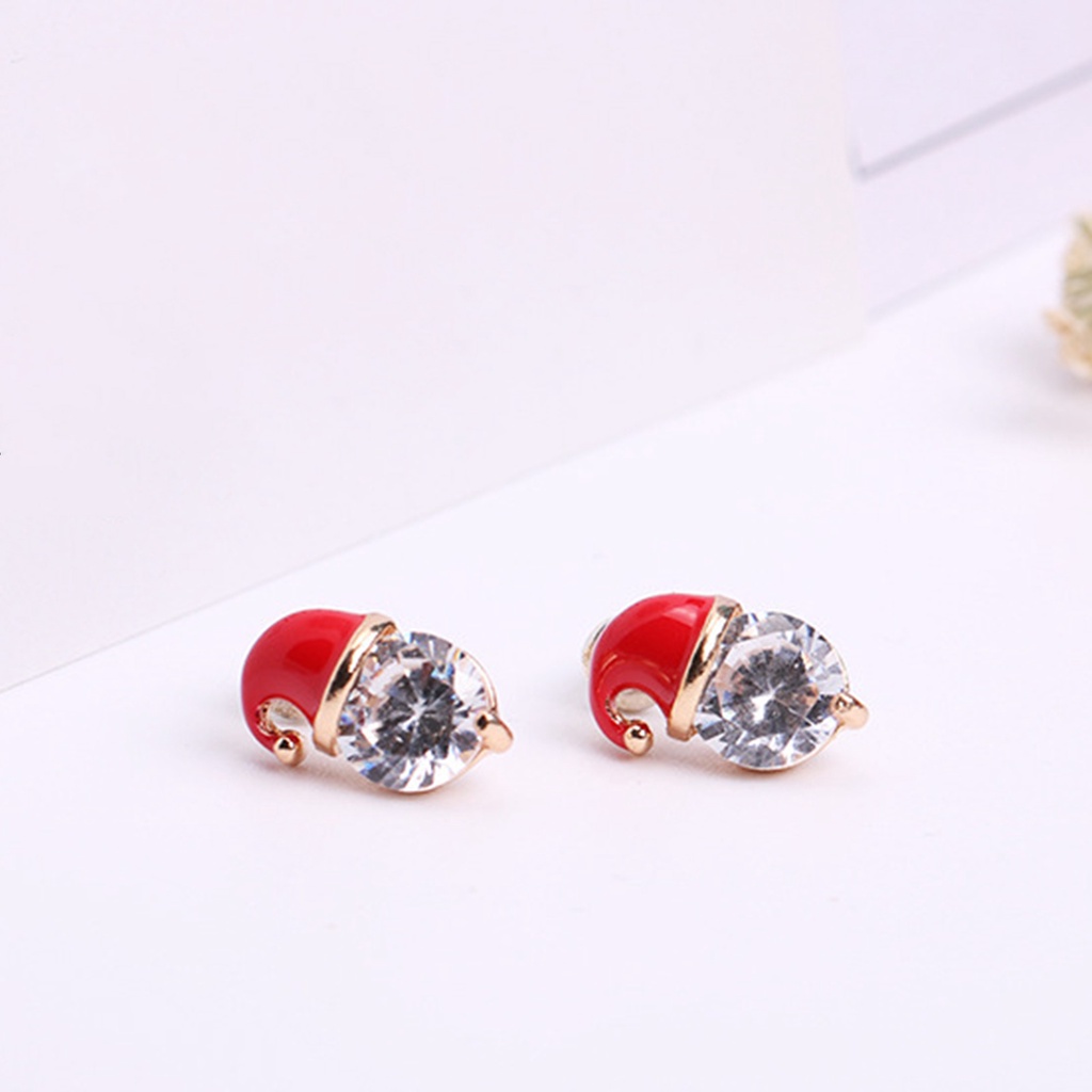 Hu Hu Hu Hu Hu Alat Bantu Pasang Kacamata♡ 1 Pasang Anting Stud Cubic Zirconia Bentuk Topi Natal Warna Merah Untuk Wanita