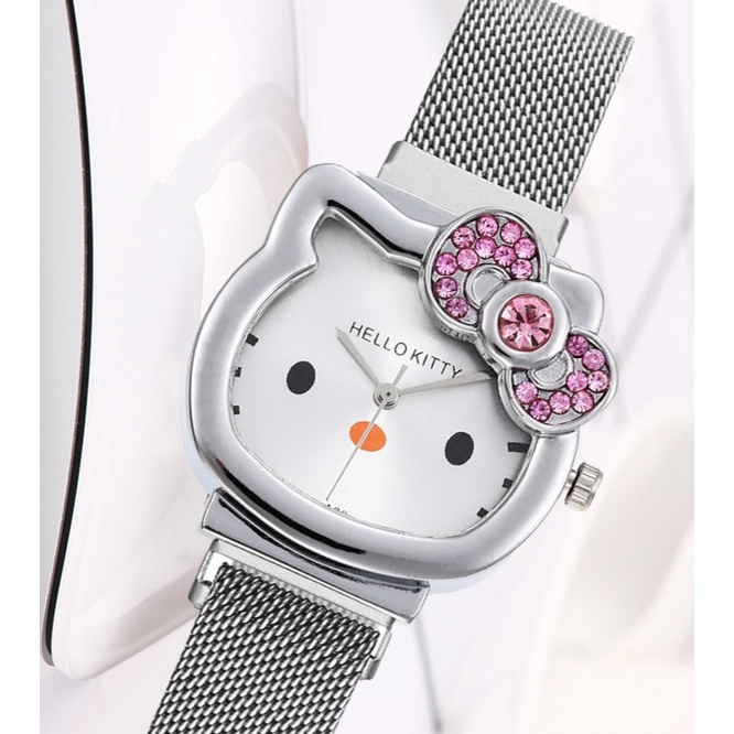 JAM TANGAN WANITA KECIL SILVER RANTAI KITTY STAINLESS JAM100S3 BESI CEWEK MURAH PESTA ORIGINAL IMPORT SIMPLE MEWAH BRANDED KEKINIAN LUCU KOREA