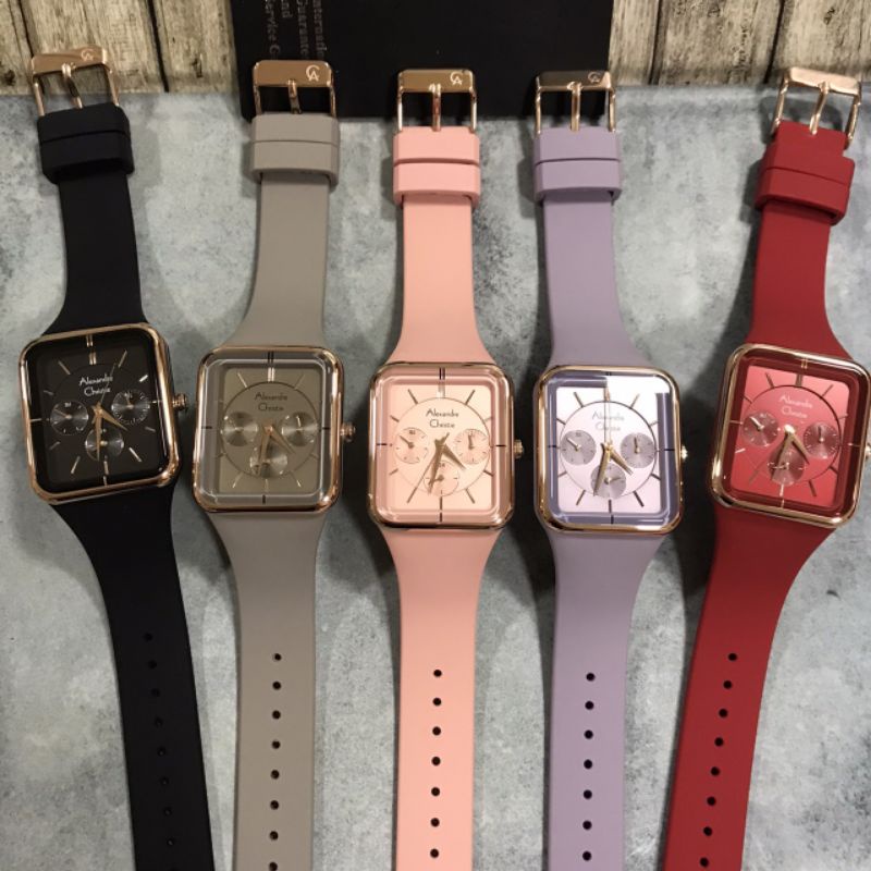 Jam Alexandre Christie AC 2744 BF RRG Wanita Rosegold Karet Hitam Abu Pink Ungu Merah Segi
