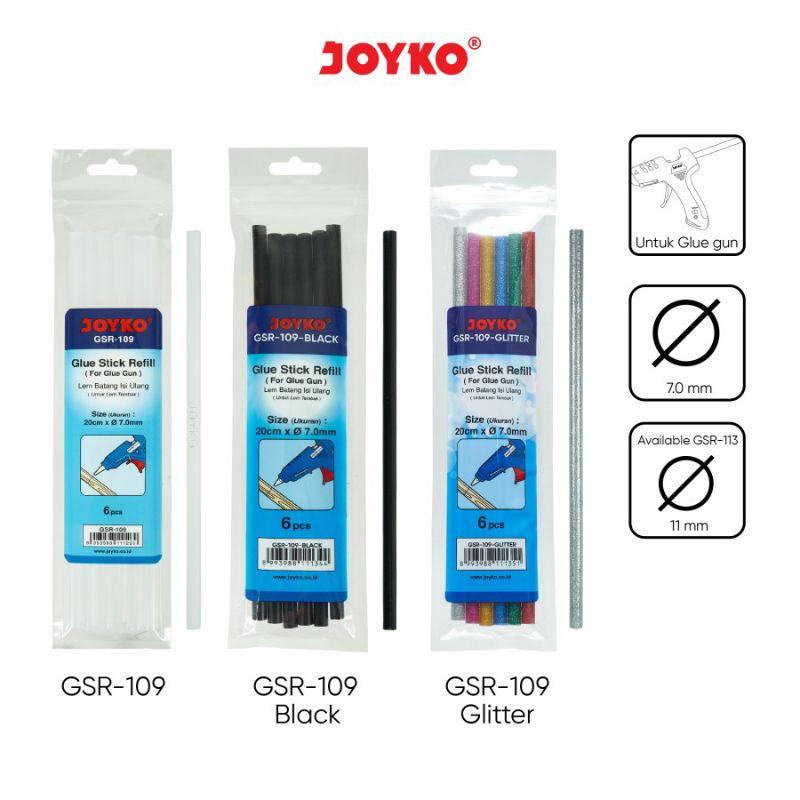 

ISI LEM BAKAR JOYKO GSR 109 KECIL dan GSR 113 BESAR | GLUE STICK REFILL FOR GLUE GUN | ISI LEM TEMBAK KECIL DAN BESAR | ISI 6 Pcs | BLACK and WHITE